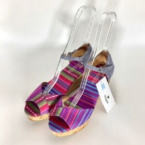 NEW TOMS Women's 9‎ Multicolor Fabric Wedge Sandals Cork Heels Tribal Striped